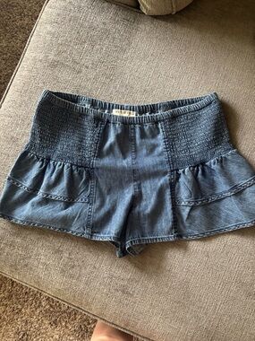 We the free Smocked Waist Denim Ruffle Shorts - Blue